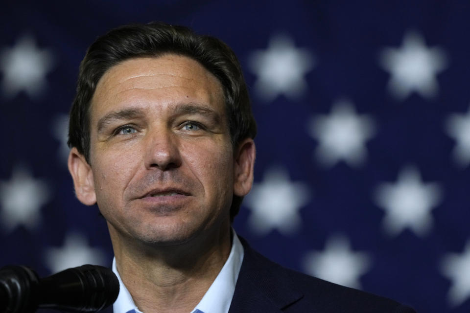 FILE - Republican presidential candidate Florida Gov. Ron DeSantis speaks during a fundraising event for U.S. Rep. Ashley Hinson, R-Iowa, Aug. 6, 2023, in Cedar Rapids, Iowa. The fate of abortion rights in Florida is at stake Friday, Sept. 8, 2023 when the state Supreme Court takes up a challenge to a law banning the procedure in most cases after 15 weeks of pregnancy, which will determine whether an even stricter six-week ban signed by Republican Gov. Ron DeSantis can take effect.(AP Photo/Charlie Neibergall, File)