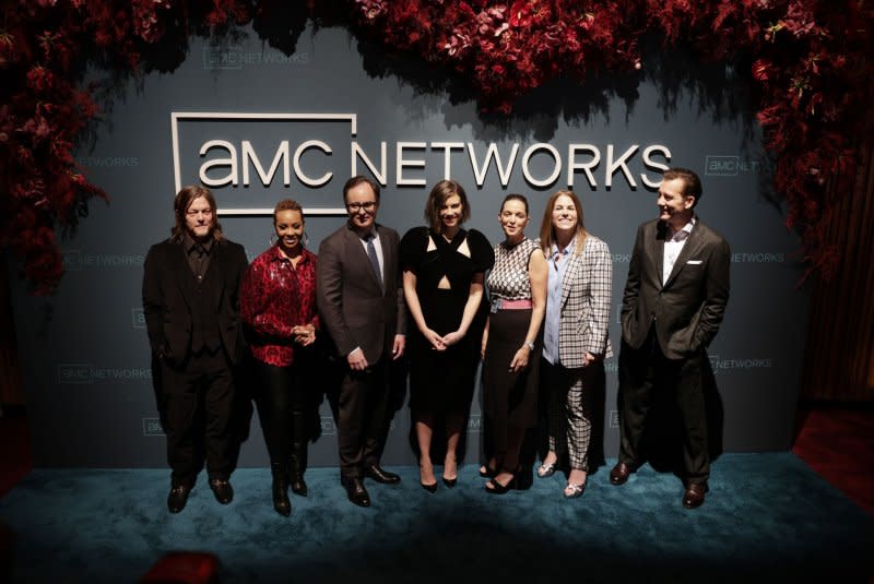 Left to right, Dan McDermott, Jeffrey Dean Morgan, Lauren Cohan, Kristin Dolan, Norman Reedus, Kim Kelleher and Andrew Lincoln arrive on the red carpet at the AMC Networks' 2023 Upfront at Jazz at Lincoln Center on April 18 in New York City. Photo by John Angelillo/UPI