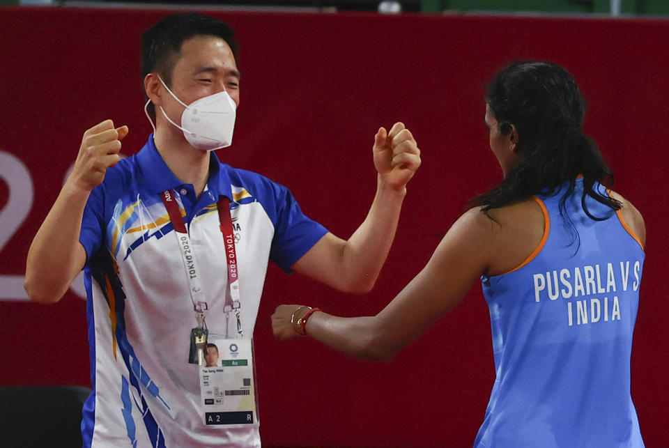 PV Sindhu with her coach Park Tae-Sang at the Olympics