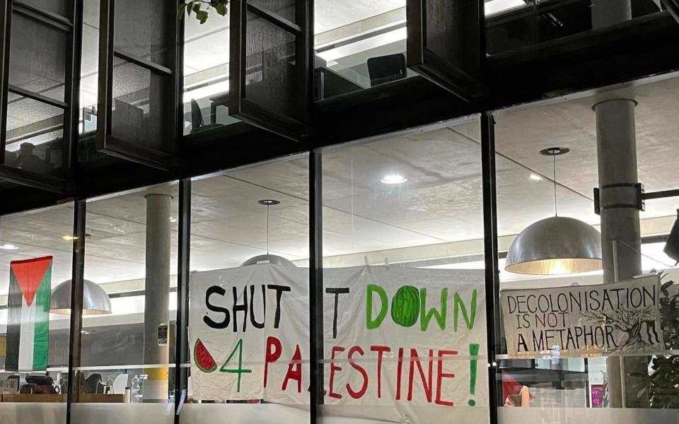 Students have put up Pro-Palestine banners in the windows of the Goldsmiths library