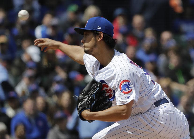 Cubs pitcher Yu Darvish was a human highlight reel Friday against the Brewers. (AP)