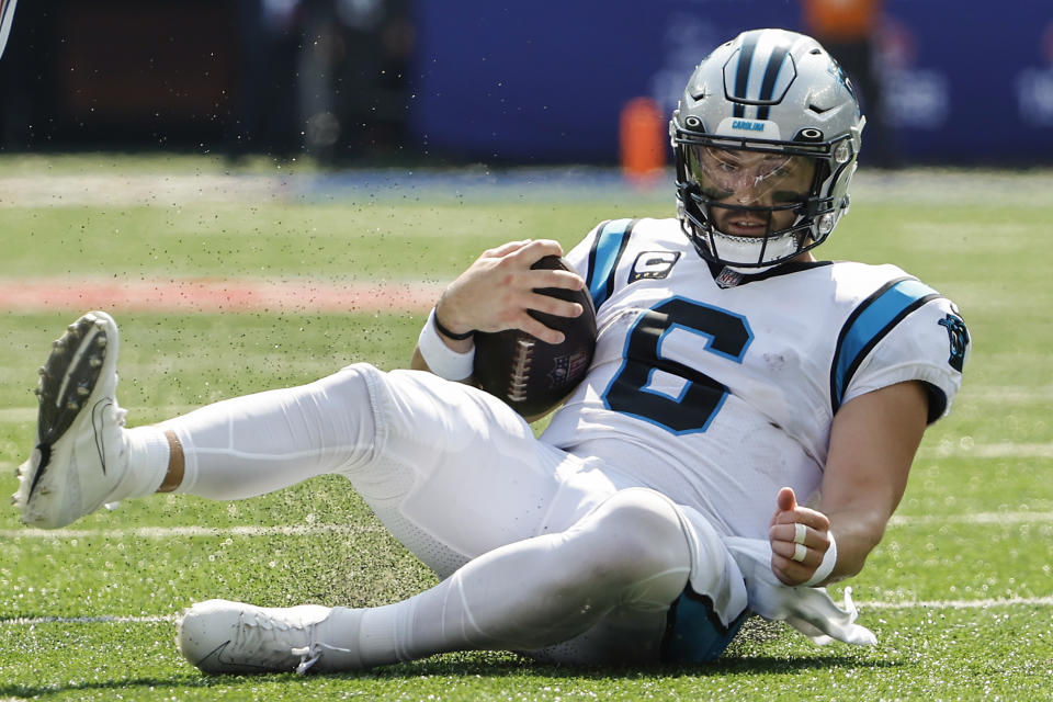 Things aren't clicking so far for Baker Mayfield and the Carolina Panthers. (Winslow Townson/AP Images for Panini)