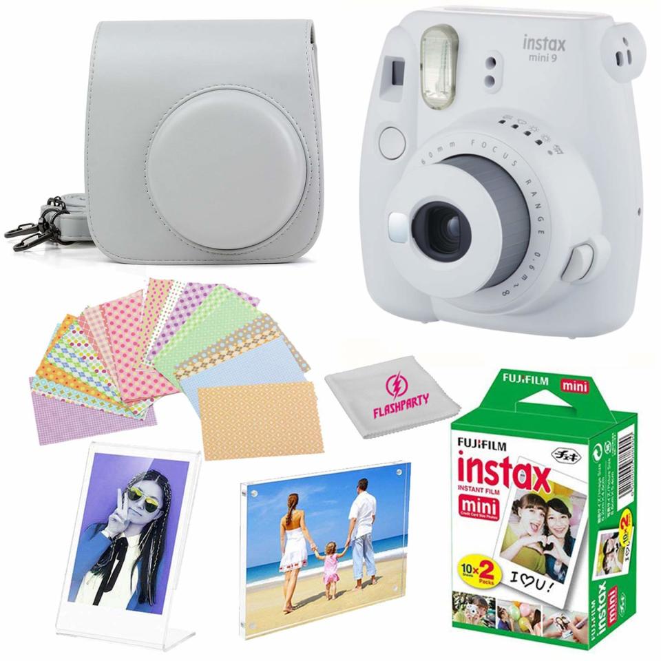 Fujifilm Instax Mini 9 instant Fuji Camera SMOKEY WHITE+ Camera Case + instant Mini 9 Film Twin Pack + instax Picture Frame + Magnet Frame + 20 Border Stickers Kit +FREE Cleaning cloth 