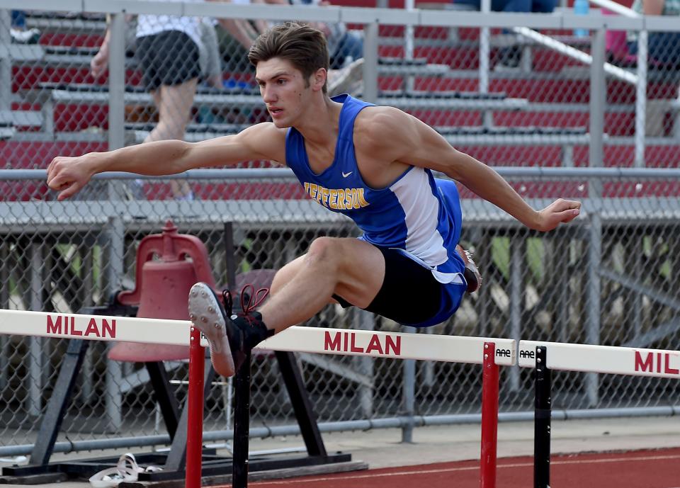 Michael Armetta of Jefferson won the high hurdles with a time of :15.61 at the Huron League Championship Tuesday.