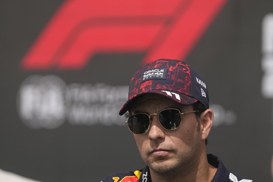 Red Bull driver Sergio Perez of Mexico speaks during a news conference before the Formula One U.S. Grand Prix auto race at Circuit of the Americas, Thursday, Oct. 19, 2023, in Austin, Texas. (AP Photo/Darron Cummings)