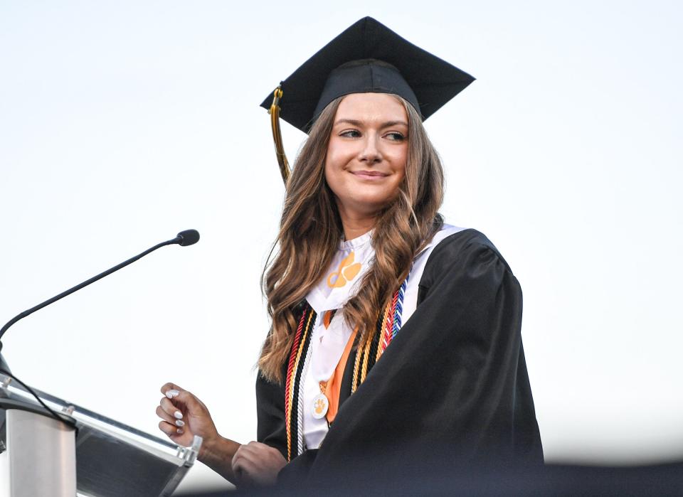 Valedicatorian Jozie Ann Stone speaks during the Crescent High School commencement at the school stadium in Iva, S.C. Monday, May 20, 2024.