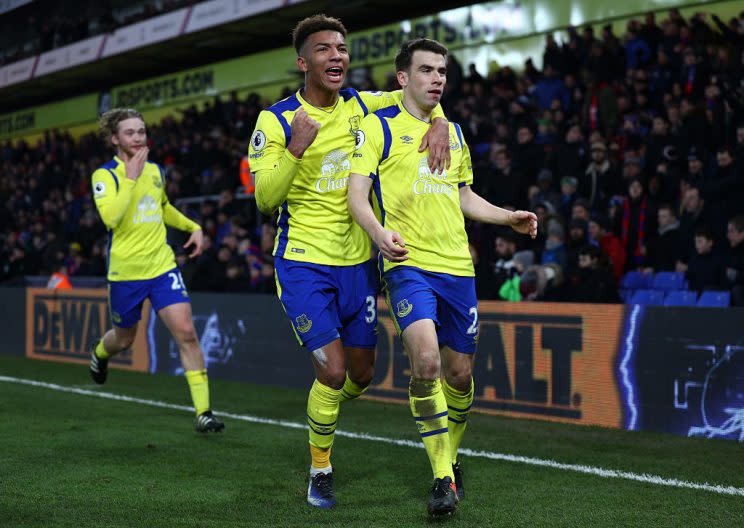 LONDON, ENGLAND - JANUARY 21: Seamus Coleman of Everton (R) celebrates scoring his sides first goal with Mason Holgate of Everton (L) during the Premier League match between Crystal Palace and Everton at Selhurst Park on January 21, 2017 in London, England. (Photo by Ian Walton/Getty Images)