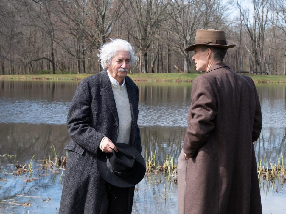 Einstein and Oppenheimer talking in Oppenheimer movie