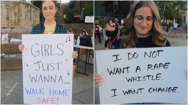 Keaton McNames and Amber Thibert (right), both University of Windsor alumnae, were at Thursday's Take Back the Night event.  (Jennifer La Grassa/CBC - image credit)