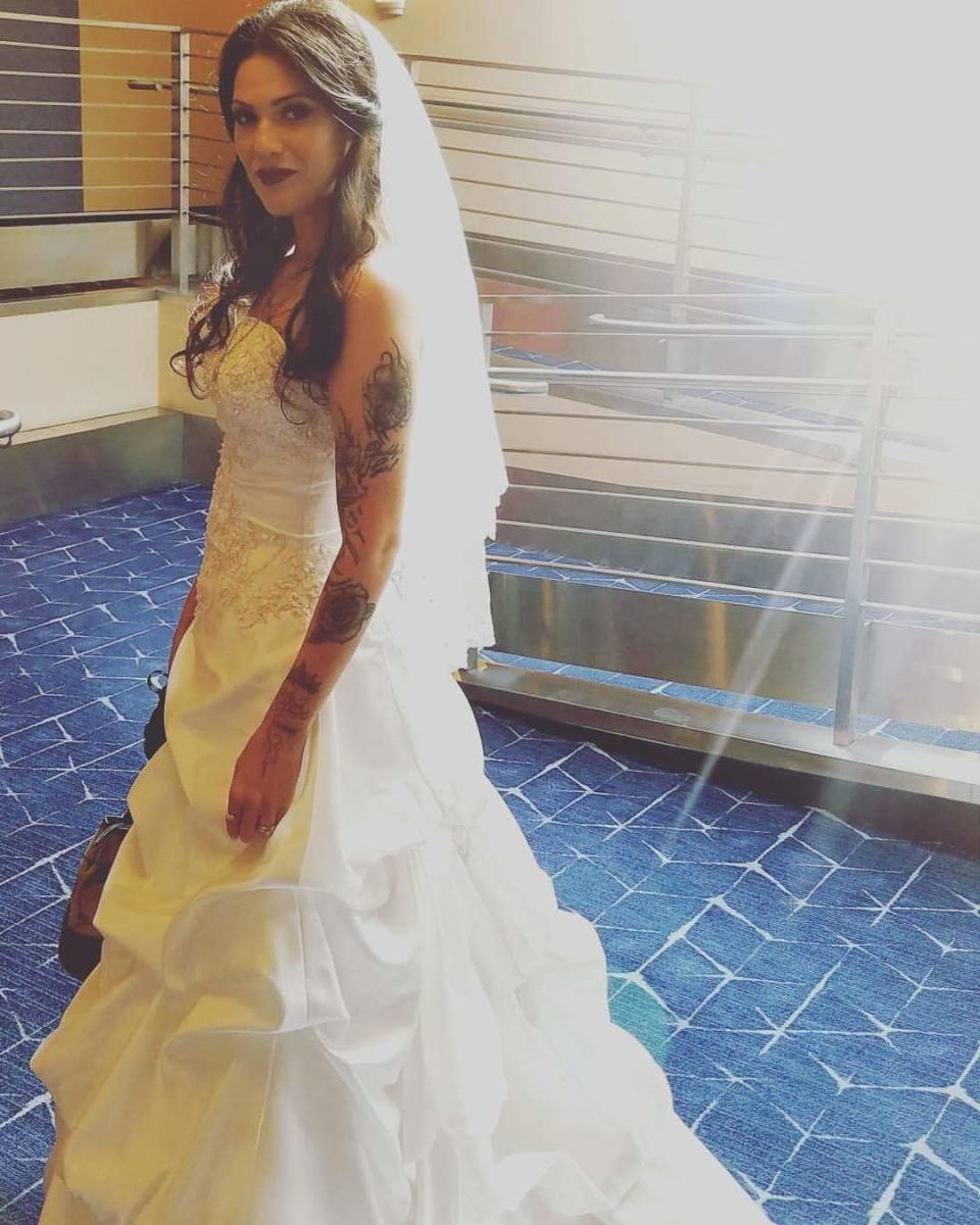 Arianna, who didn't get a traditional wedding experience the first time around, wore the dress to her vow renewal on Wednesday.&nbsp; (Photo: Arianna Pro)