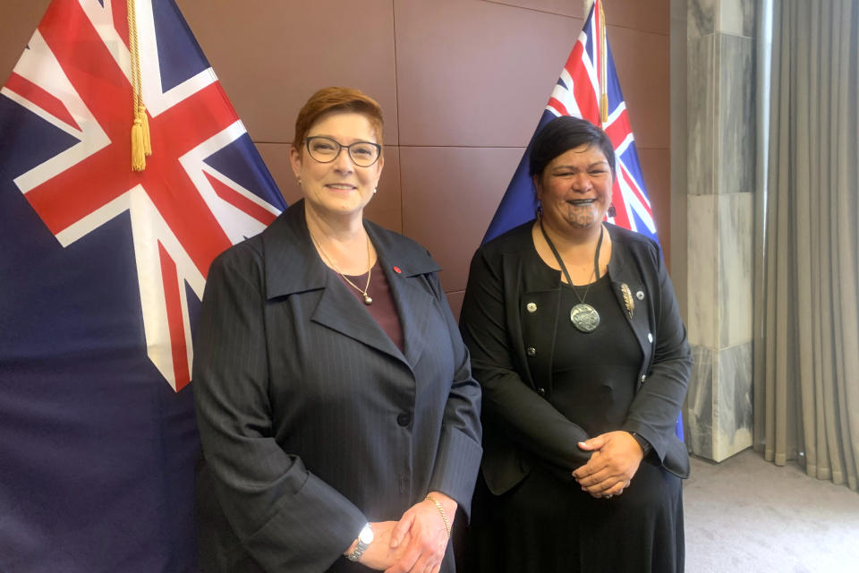 Australian Foreign Minister Marise Payne, left, and New Zealand Foreign Minister Nanaia Mahuta pose for a photo ahead of a meeting Thursday, April 22, 2021, in Wellington, New Zealand. New Zealand says it continues to have a close and productive relationship with the U.S. and other security allies, despite resisting speaking out in unison with them against China on certain human rights issues. (AP Photo/Nick Perry)