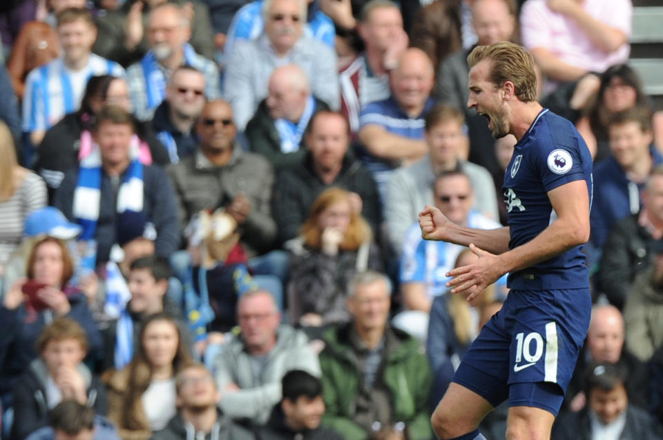 <p>Tottenham’s Harry Kane celebrates scoring their third goal (REUTERS/Peter Powell) </p>