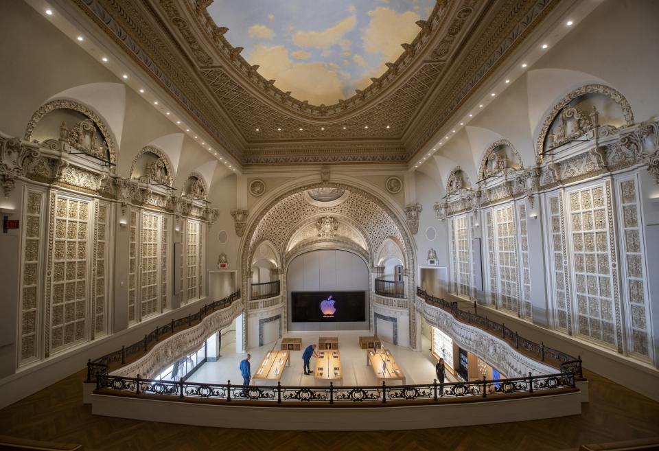 The view from the balcony inside the Apple Tower Theatre in downtown Los Angeles.