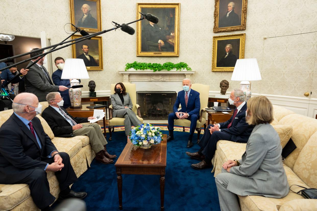 U.S. President Joe Biden and Vice President Kamala Harris meet with senators from both parties on the critical need to invest in modern and sustainable American infrastructure in the Oval Office of the White House on Feb. 11, 2021, in Washington, DC. An infrastructure bill that creates jobs remains a top priority of the Biden administration.