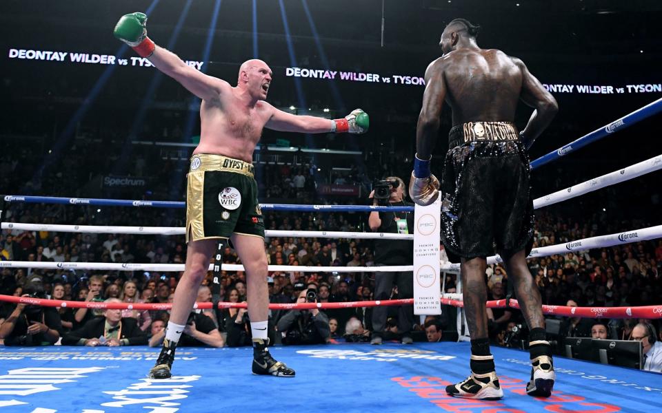 Tyson Fury taunts Deontay Wilder fighting to a draw during the WBC Heavyweight Championship at Staples Center on December 1, 2018 in Los Angeles, California. - GETTY IMAGES