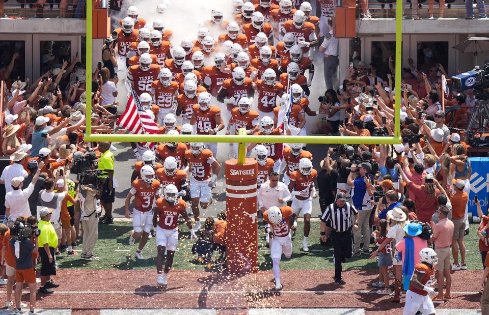 The Texas Longhorns take the field at Royal-Memorial Stadium ahead of their 2023 season opener against Rice. The Longhorns, ranked No. 4 in this year's preseason poll, open their 2024 season on Saturday against Colorado State.