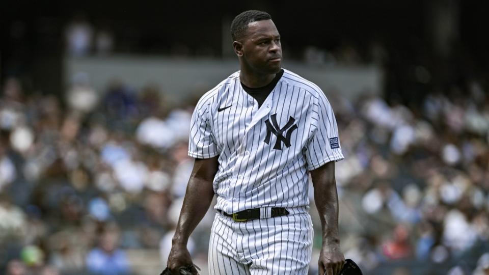Jul 23, 2023; Bronx, New York, USA; New York Yankees starting pitcher Luis Severino (40) reacts as he exits the game against the Kansas City Royals during the sixth inning at Yankee Stadium.