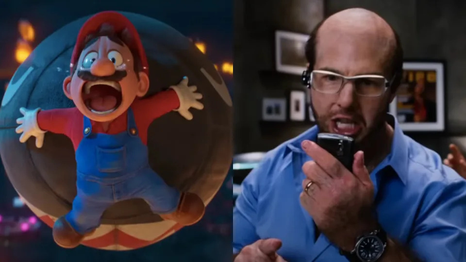  Mario speeding teary eyed on Bullet Bill in The Super Mario Bros. Movie and Tom Cruise taking an angry phone call in Tropic Thunder, pictured side by side. 