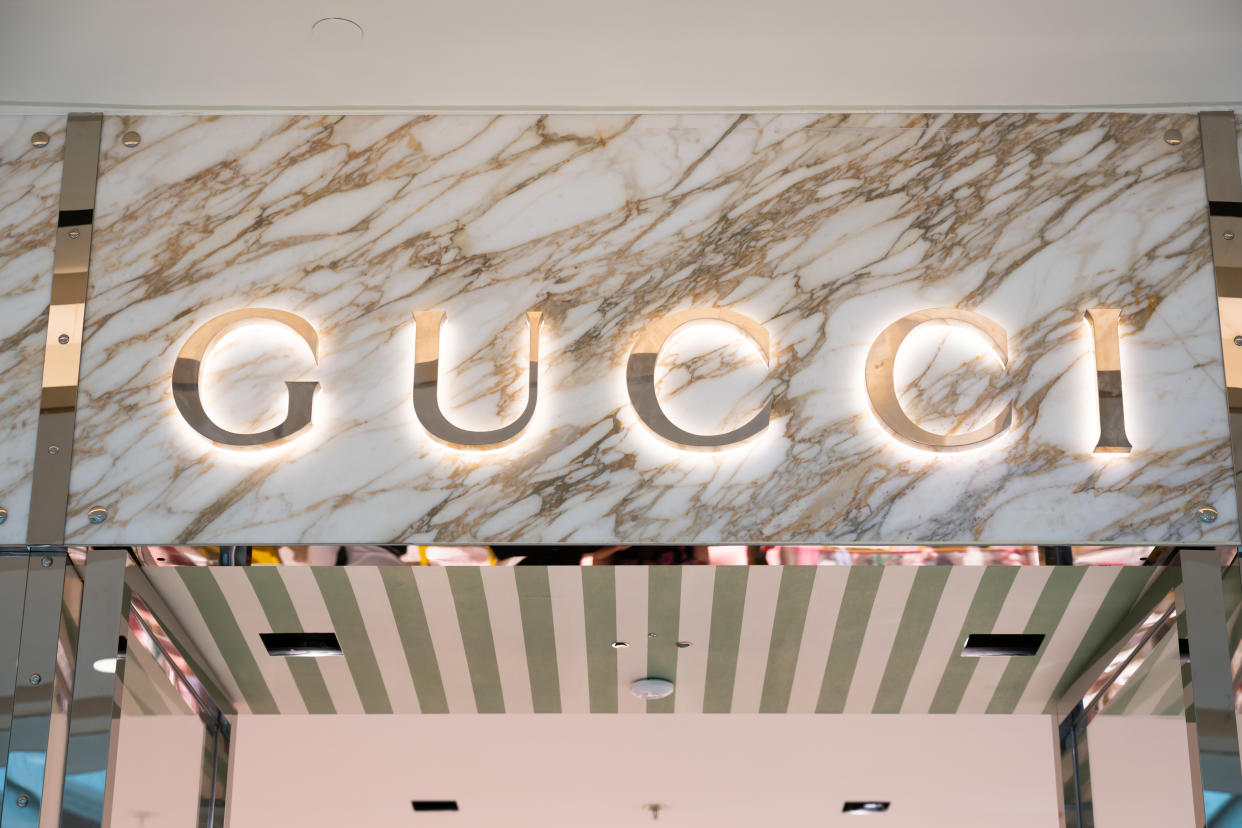 SHANGHAI, CHINA - 2019/07/22: Italian luxury fashion and leather goods brand Gucci logo seen in Shanghai. (Photo by Alex Tai/SOPA Images/LightRocket via Getty Images)