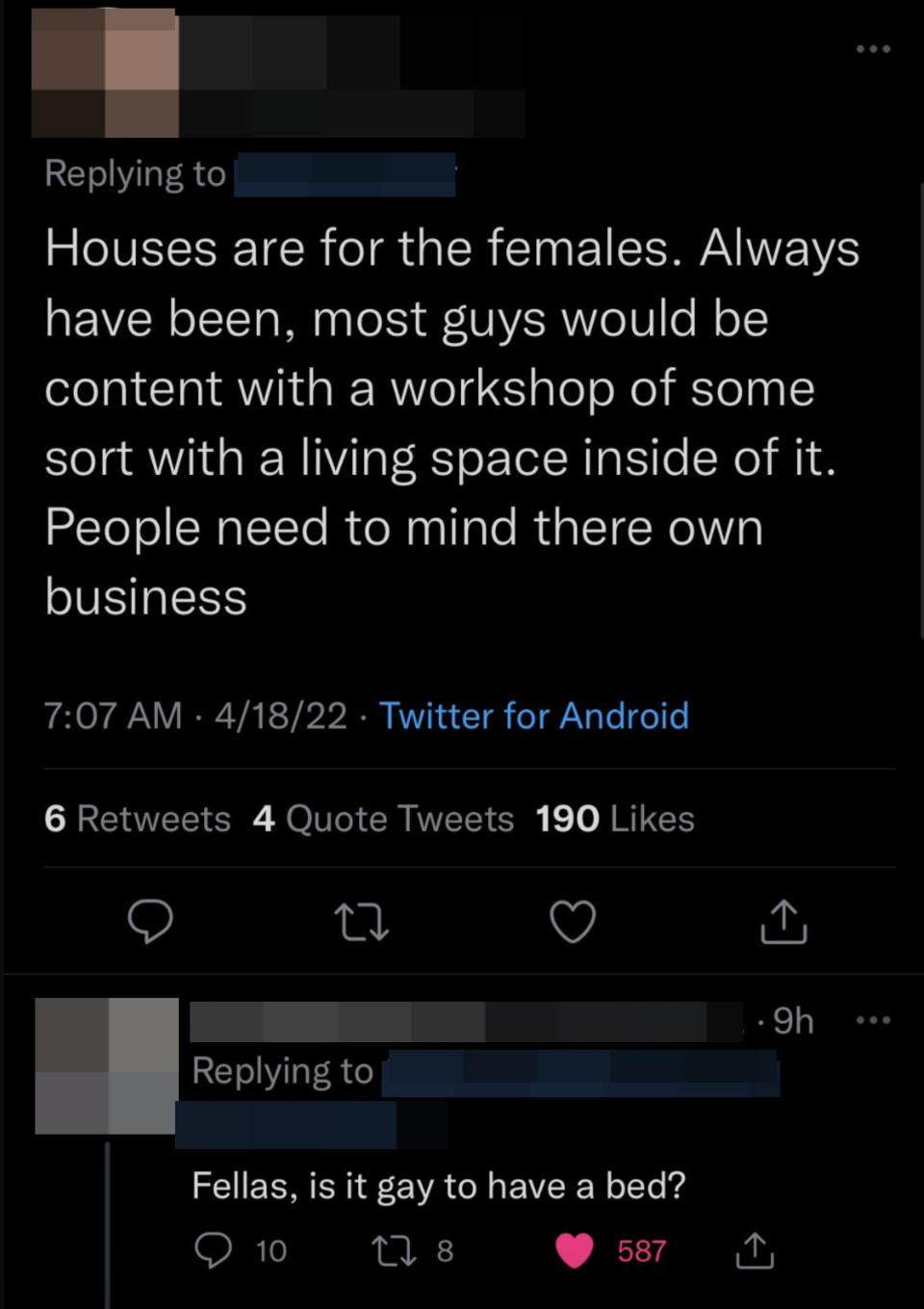 Someone saying, "Houses are for the females"