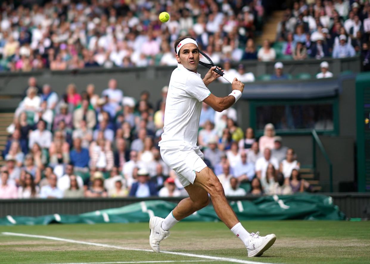 Roger Federer in action against Hubert Hurkacz in the quarter final match on centre court on day nine of Wimbledon at The All England Lawn Tennis and Croquet Club, Wimbledon. Picture date: Wednesday July 7, 2021. (Photo by Adam Davy/PA Images via Getty Images)