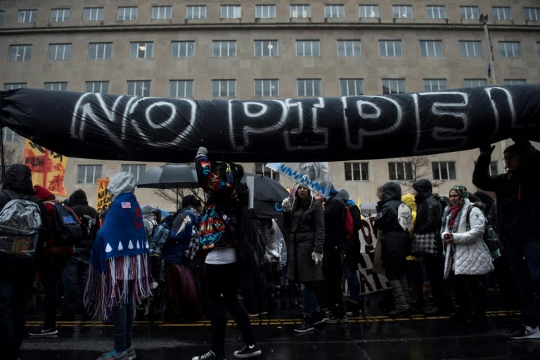 People rally during the Native Nations Rise protest on March 10, 2017 in Washington, DC