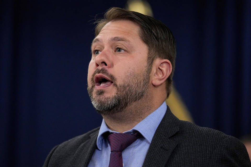 FILE - Rep. Ruben Gallego, D-Ariz., speaks at the Capitol, Thursday, April 6, 2023, in Phoenix. Gallego began airing the first television ads of his U.S. Senate campaign on Tuesday, March 12, 2024, as the crucial Arizona race takes shape as a one-on-one contest after incumbent Kyrsten Sinema declined to run for a second term.(AP Photo/Matt York, File)