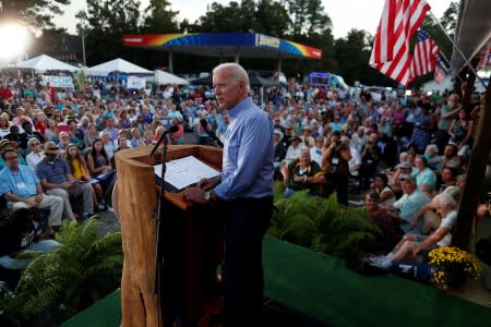 Democratic U.S. presidential candidate and former Vice President Joe Biden waits to be introduced during the 2019 Presidential Galivants Ferry Stump Meeting in Gallivants Ferry