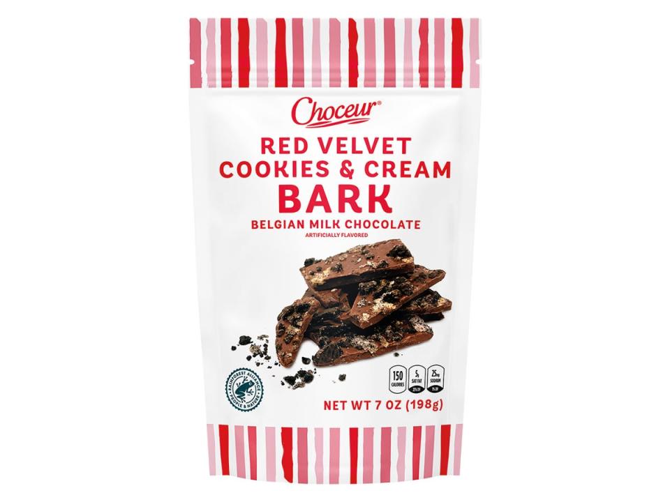 Choceur red-velvet cookies and cream bark in a white package with image of bark on it