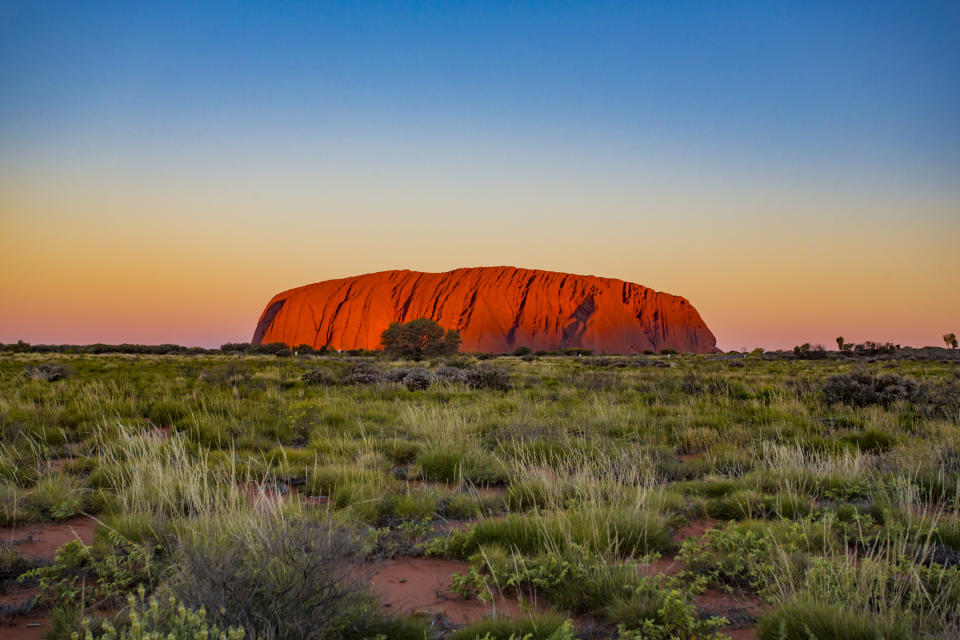 Changing colour at sunset of Uluru, the famous gigantic monolith rock in the Australian desert.