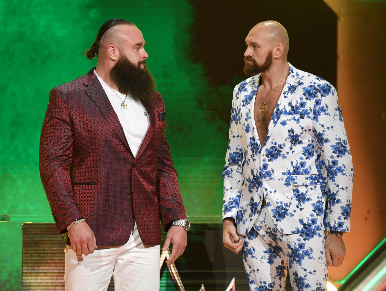 LAS VEGAS, NEVADA - OCTOBER 11:  WWE wrestler Braun Strowman (L) and heavyweight boxer Tyson Fury attend the announcement of their match at a WWE news conference at T-Mobile Arena on October 11, 2019 in Las Vegas, Nevada. Strowman will face Fury and WWE champion Brock Lesnar will take on former UFC heavyweight champion Cain Velasquez at the WWE's Crown Jewel event at Fahd International Stadium in Riyadh, Saudi Arabia on October 31.  (Photo by Ethan Miller/Getty Images)