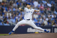 Toronto Blue Jays pitcher Yusei Kikuchi throws to a Chicago White Sox batter during the second inning of a baseball game Tuesday, May 21, 2024, in Toronto. (Christopher Katsarov/The Canadian Press via AP)