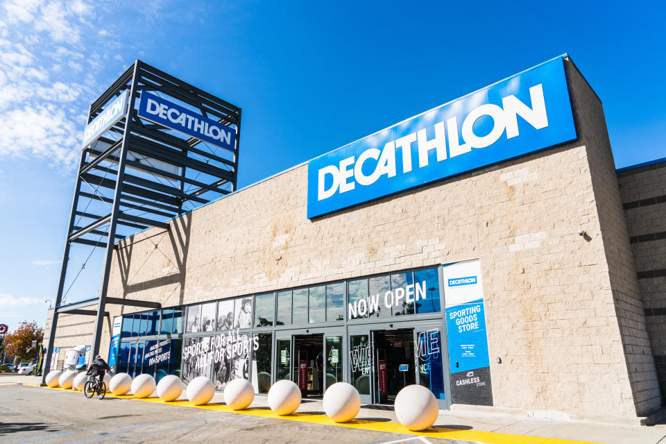 Oct 18, 2019 Emeryville / CA / USA - Exterior view of Decathlon Sporting Goods flagship store, the first open in the San Francisco bay area, near Oakland