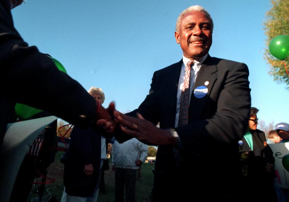 Democratic U.S. Senate candidate Harvey Gantt greets well-wishers at a campaign stop in Alexander Mills in 1996.