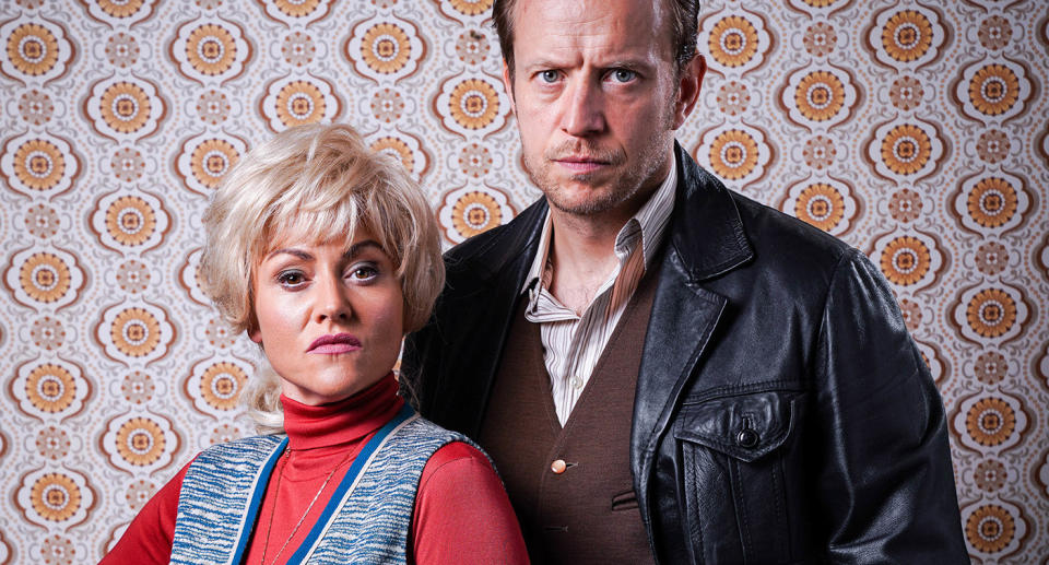 Jaime Winstone and George Russo play Peggy and Eric Mitchell in an EastEnders flashback episode. (BBC)