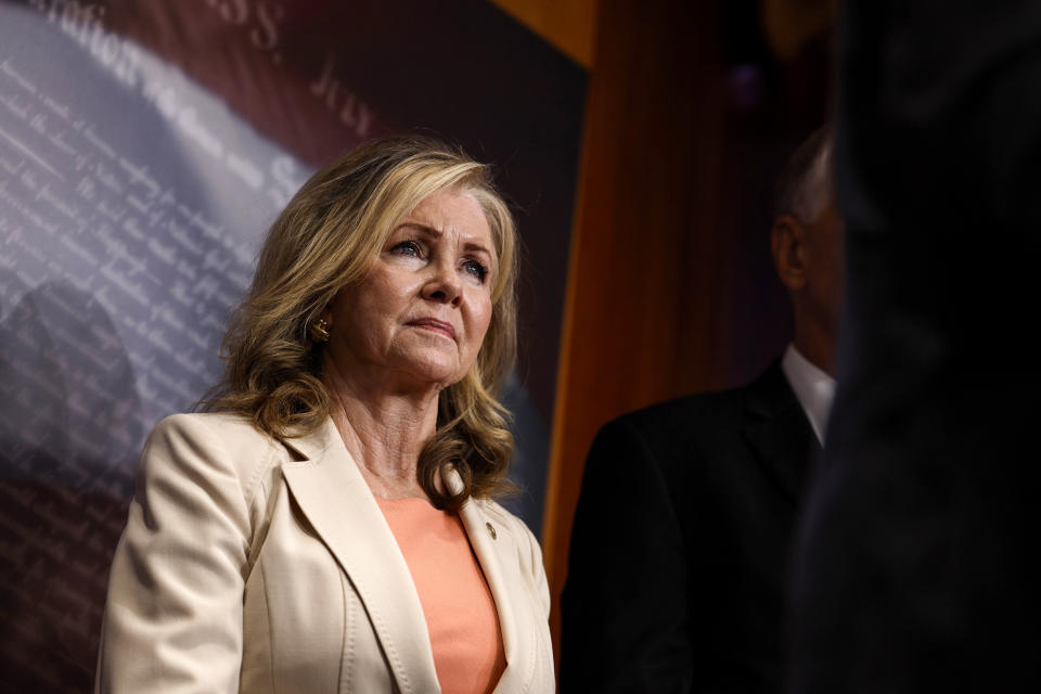 Sen. Marsha Blackburn, R-Tenn., at the Capitol on July 19, 2023. (Anna Moneymaker / Getty Images file)