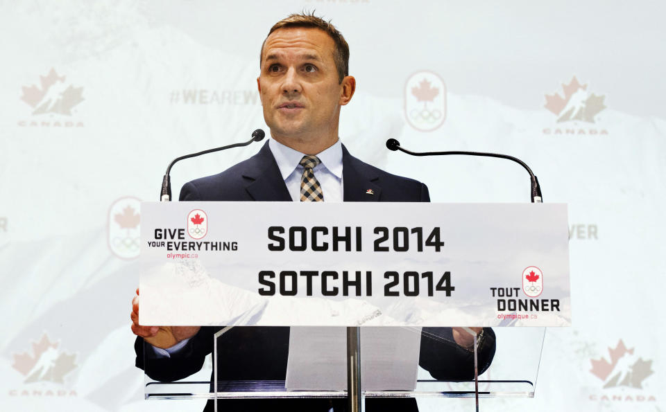 Team Canada general manager Steve Yzerman announces the team's Olympic men's hockey roster during a news conference in Toronto, Tuesday, Jan. 7, 2014. (AP Photo/The Canadian Press, Mark Blinch)