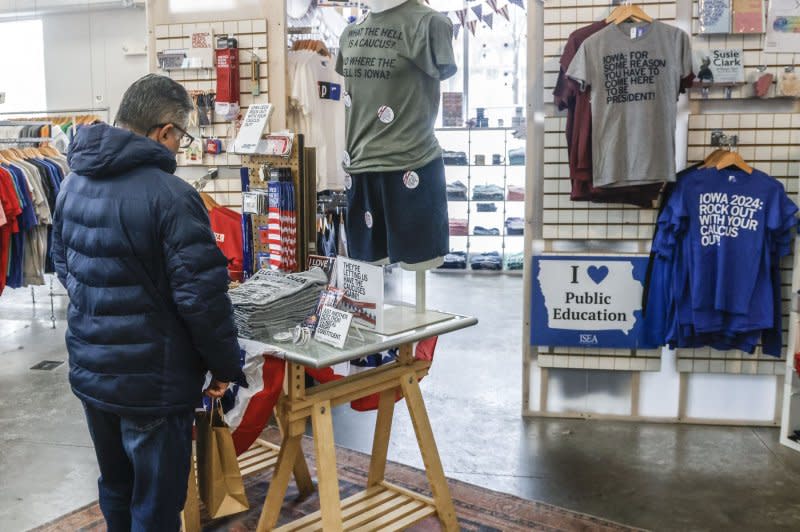Political shirts and memorabilia are displayed for sale in a shop ahead of the 2024 Iowa Caucus in Des Moines, Iowa. Republican candidates are continuing their weekend push to rally support despite the intense blizzard. Photo by Tannen Maury/UPI