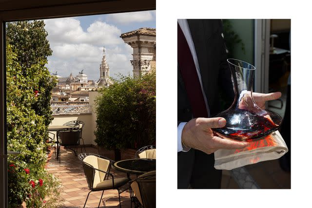 <p>Camilla Glorioso</p> From left: A scenic view from Mater Terrae Bistrot Bar, on the rooftop of the Bio Hotel Raphaël; a sommelier at Mater Terrae decants a Masi Costasera Amarone Classico 2018.