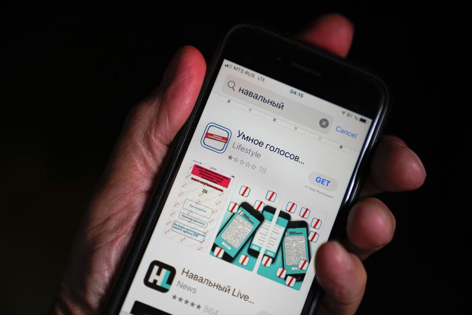 FILE - In this Sept. 5, 2021, file photo, the app Smart Voting is shown on an iPhone screen in Moscow, Russia. Smart Voting is a project designed by the team of opposition leader Alexei Navalny to support candidates who are most likely to defeat those from United Russia. (AP Photo/File)