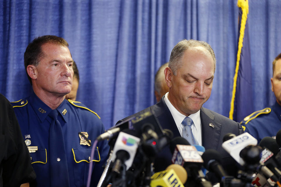 FILE - Gov. John Bel Edwards, right, and State Police Superintendent Mike Edmonson, speak at a news conference regarding the shooting of police officers, in Baton Rouge, La., July 18, 2016. Edwards, currently the lone Democratic governor in the Deep South, has reached his final days in office after eight years. His tenure, which ends Monday, Jan. 8, 2024, has been marked by successes — expanding Medicaid, joining climate change initiatives, climbing out of a budget deficit and investing in education — while navigating historical crises and facing challenges from a GOP-dominated legislature. (AP Photo/Gerald Herbert, File)