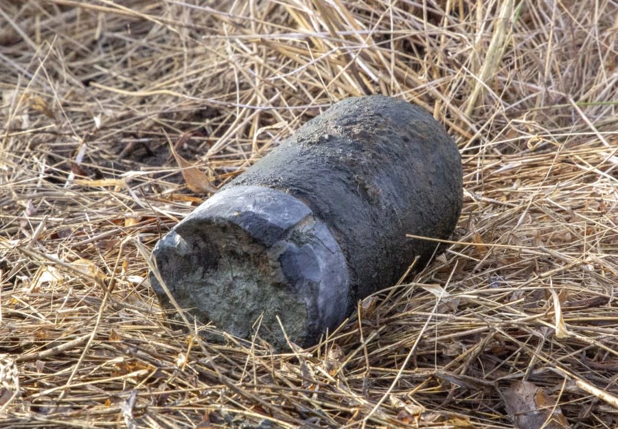 This artillery shell was found within the Little Round Top rehabilitation project area and dates from the Battle of Gettysburg, July 1-3, 1863. Courtesy of National Park Service, Gettysburg National Military Park.