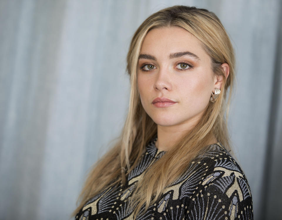 This June 18, 2019 photo shows actress Florence Pugh posing for a portrait at the Crosby Street Hotel in New York to promote her film "Midsommar." (Photo by Brian Ach/Invision/AP)