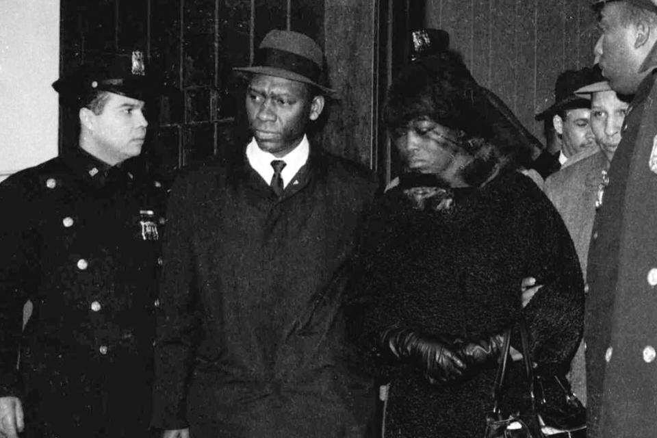 FILE — Malcolm X's widow, Betty Shabazz, leaves the Faith Temple of God in Christ, in New York's Harlem neighborhood, Feb. 27, 1965, after funeral services for her husband. Two of the three men convicted in the assassination of Malcolm X are set to be cleared Thursday after insisting on their innocence since the 1965 killing of one of the United States' most formidable fighters for civil rights, Manhattan's top prosecutor said Wednesday, Nov. 21, 2021. (AP Photo, File)