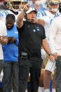 UCLA head coach Chip Kelly calls out to his players during the second half against Stanford in an NCAA college football game Saturday, Sept. 25, 2021, in Stanford, Calif. (AP Photo/Tony Avelar)