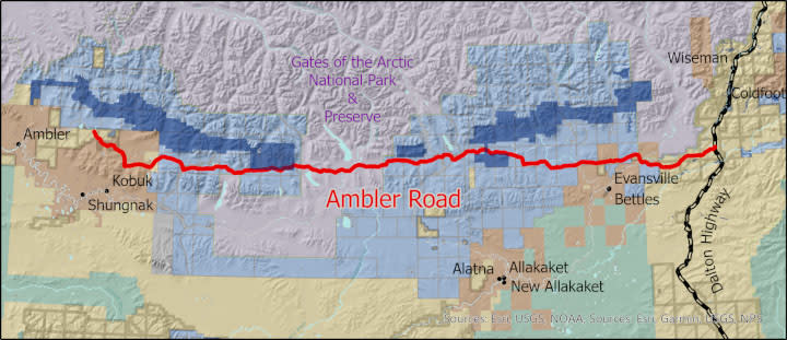 A 211-mile road that the Alaska Industrial Development and Export Authority wants to build would connect Ambler Metals LLC.'s proposed copper mines to the Dalton Highway. (Alaska Division of Mining, Land and Water map)