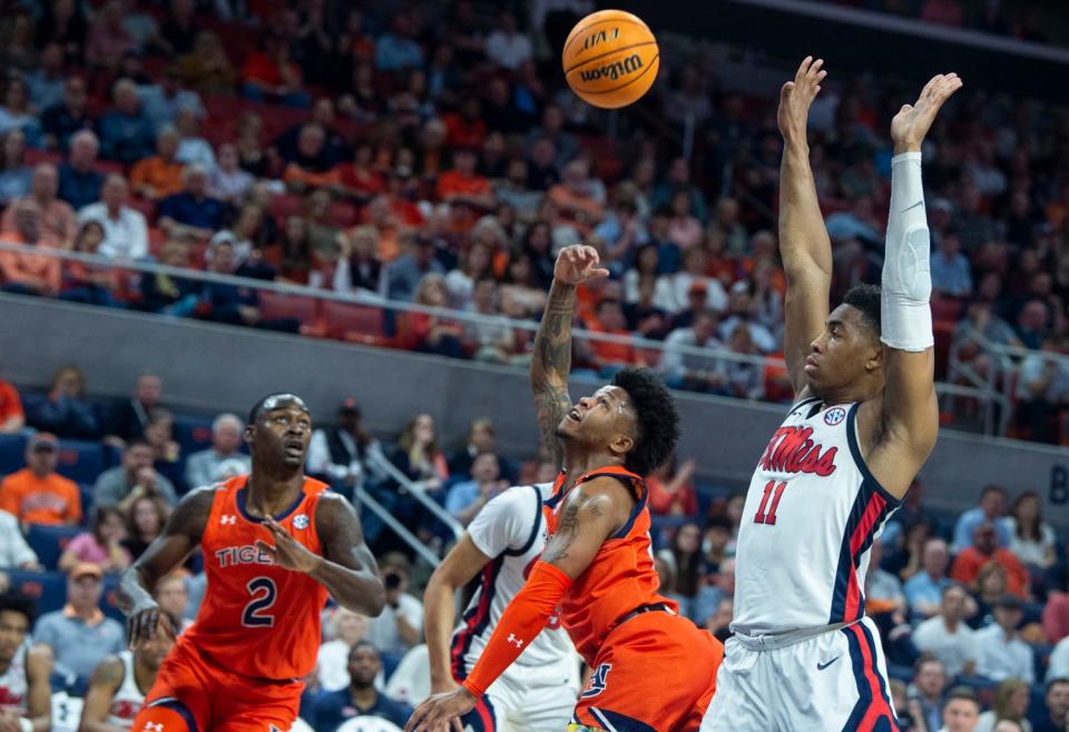 Auburn Tigers guard Wendell Green Jr. (1) goes up for a layup as Auburn Tigers take on Ole Miss Rebels at Neville Arena in Auburn, Ala., on Wednesday, Feb. 22, 2023. Auburn Tigers lead Ole Miss Rebels 40-33 at halftime.