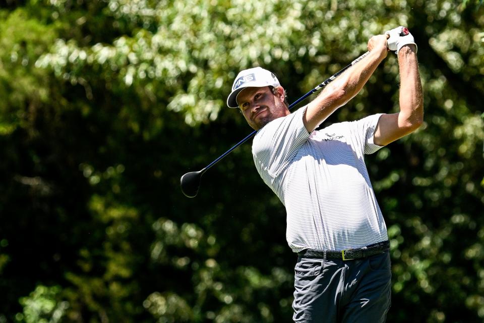 Aug 17, 2024; Memphis, Tennessee, USA; Harris English plays his shot from the seventh tee during the third round of the FedEx St. Jude Championship golf tournament at TPC Southwind. Mandatory Credit: Steve Roberts-USA TODAY Sports