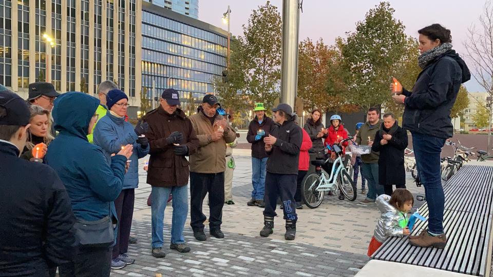 Cyclist and pedestrian safety advocates gathered for a candlelight vigil the evening of Sunday, Nov. 21, 2021, at Lugar Plaza to honor World Day of Remembrance for Road Traffic Victims and issue a call to action for Indianapolis. The vigil was organized by the nonprofit Bike Indianapolis.