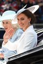 <p>The <a href="http://www.harpersbazaar.com/celebrity/latest/a40156952/kate-middleton-trooping-the-colour-2022-queen-elizabeth-platinum-jubilee/" rel="nofollow noopener" target="_blank" data-ylk="slk:Duchess of Cambridge" class="link ">Duchess of Cambridge</a> wears a white Alexander McQueen coat dress and blue Philip Treacy hat. </p>